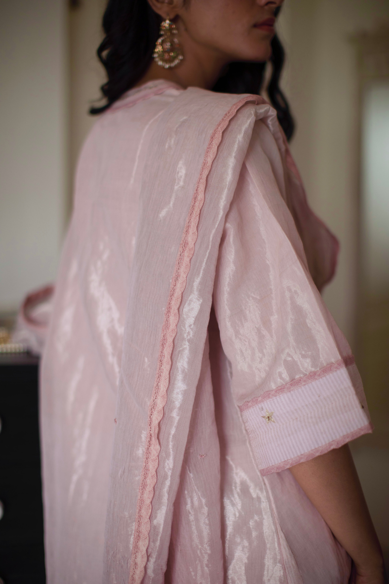 Maxi Kurta In Shell Pink Handloom Tissue With Pant