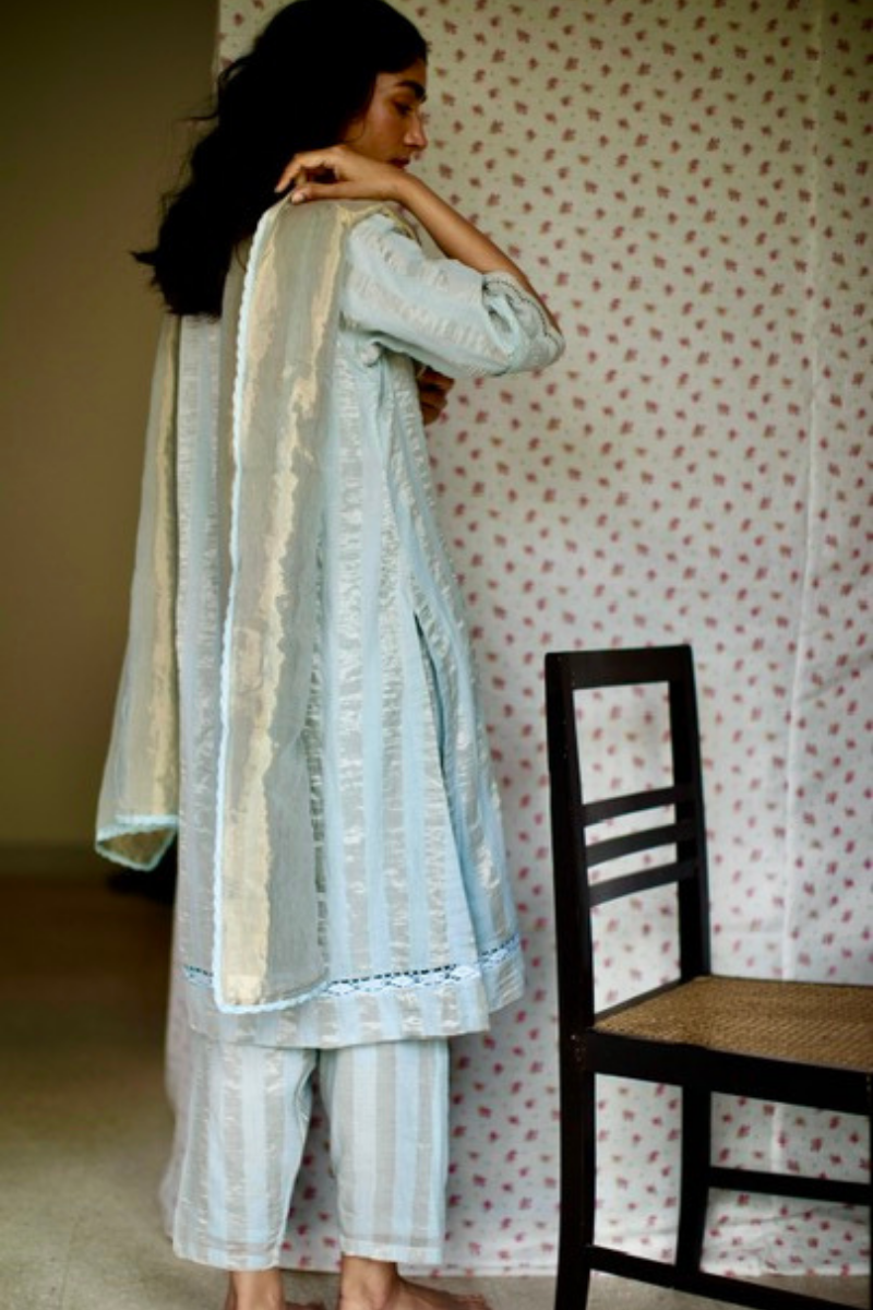 Maxi Kurta In Aqua Blue Handloom Zari Striped Chanderi With Salwar