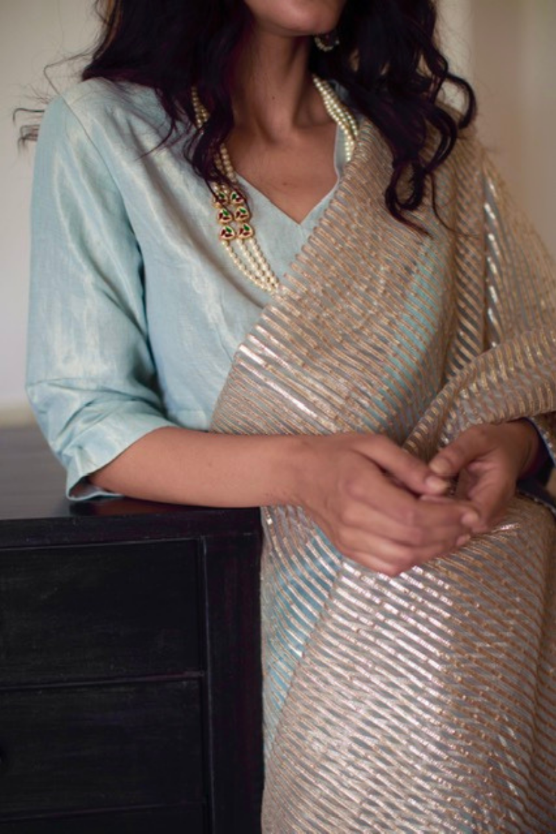 Nina Blouse In Aqua Blue Gold Handwoven Tissue