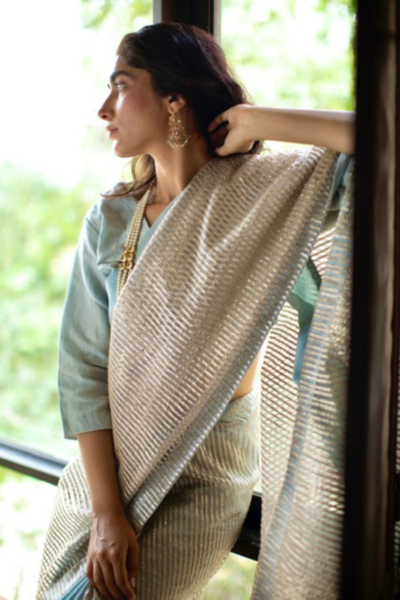 Sari In Aqua Blue Gota Net With Chanderi