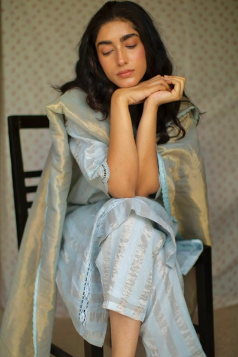 Stole In Pale Blue Handwoven Gold Tissue