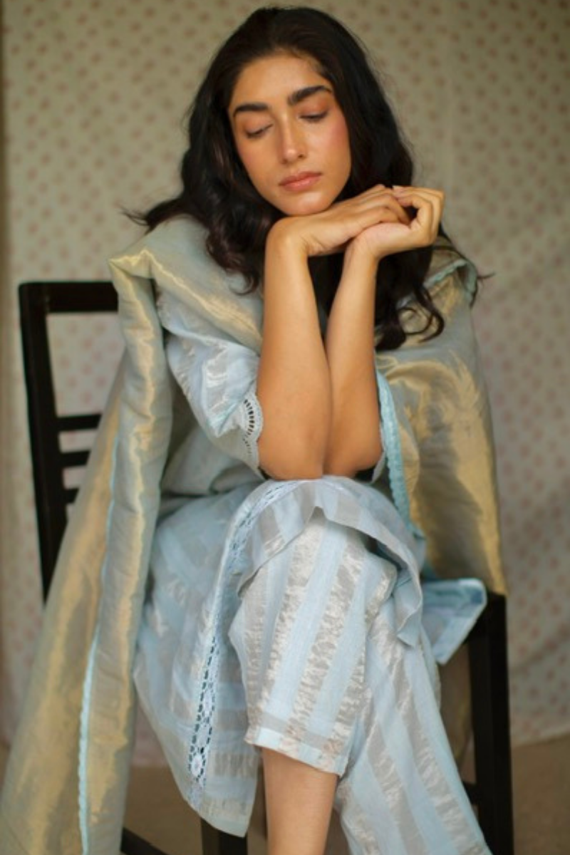 Maxi Kurta In Aqua Blue Handloom Zari Striped Chanderi With Salwar