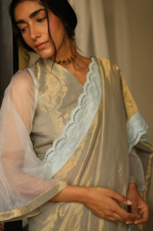Sari In Pale Blue Gold Handwoven Tissue