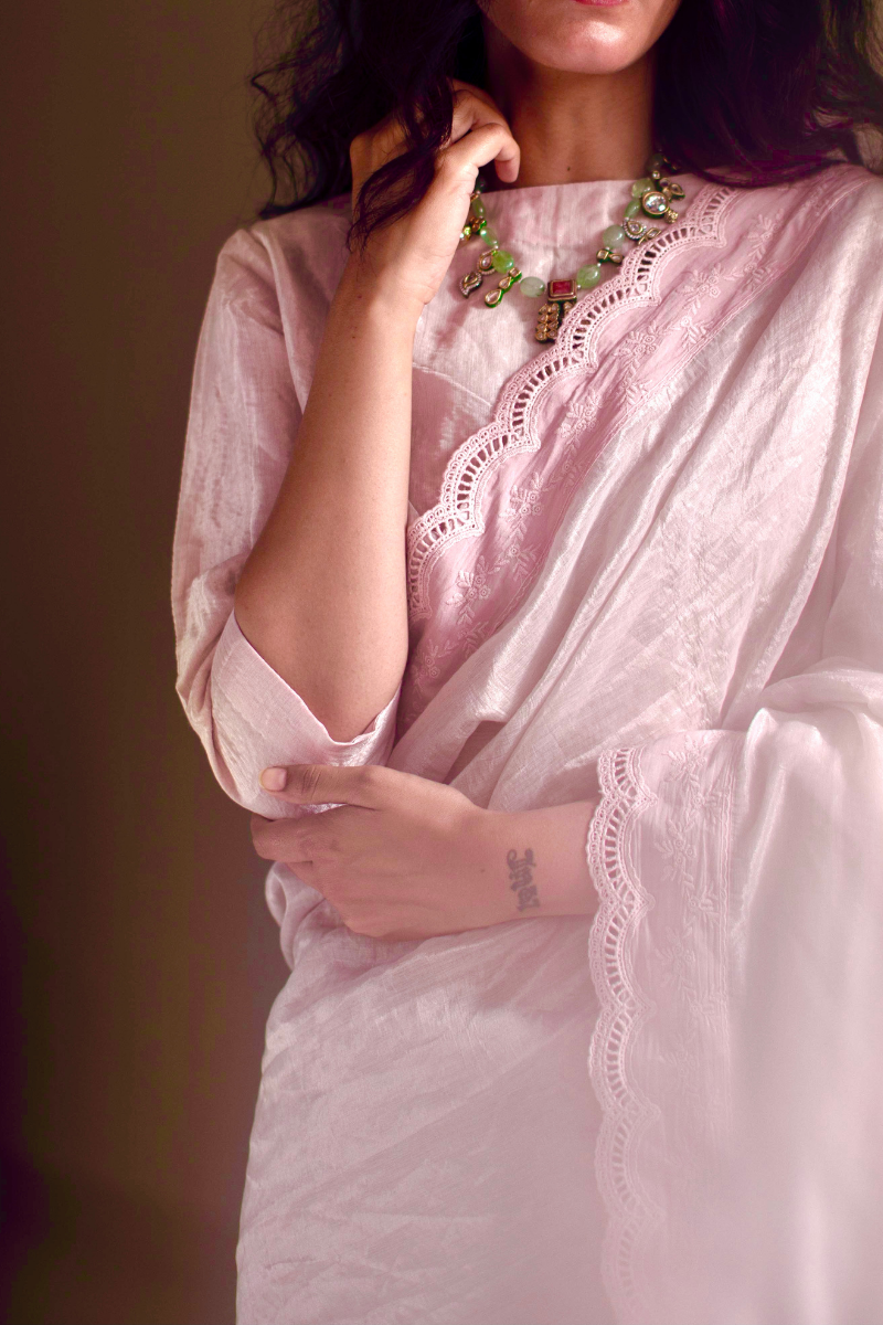 Sari In Shell Pink Handwoven Tissue