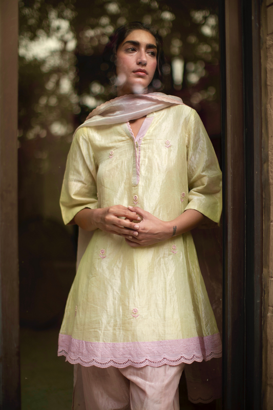 Mini Kurta In Lemonade Yellow Tissue With Shalwar