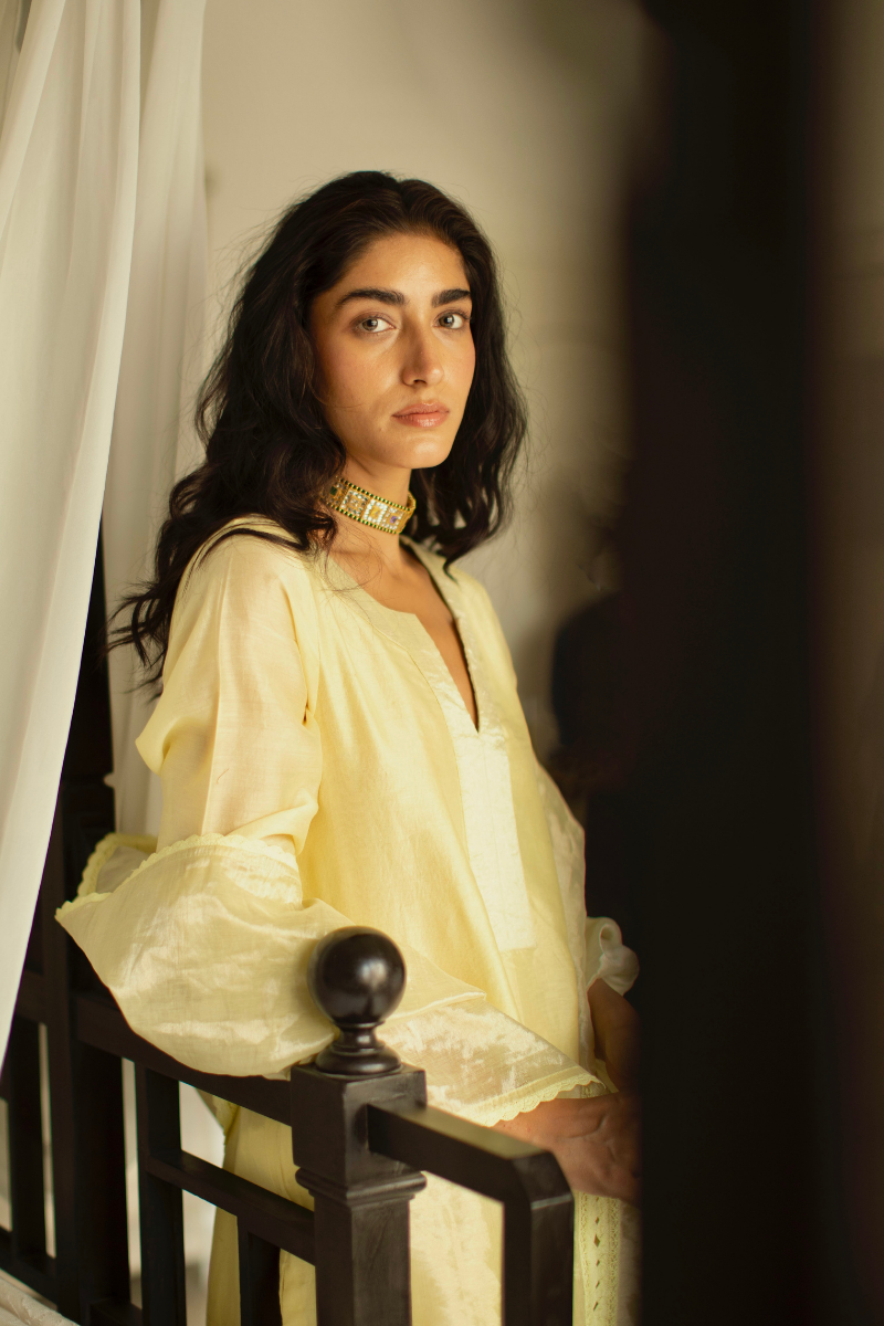 Straight Kurta In Lemonade Yellow Chanderi With Pant