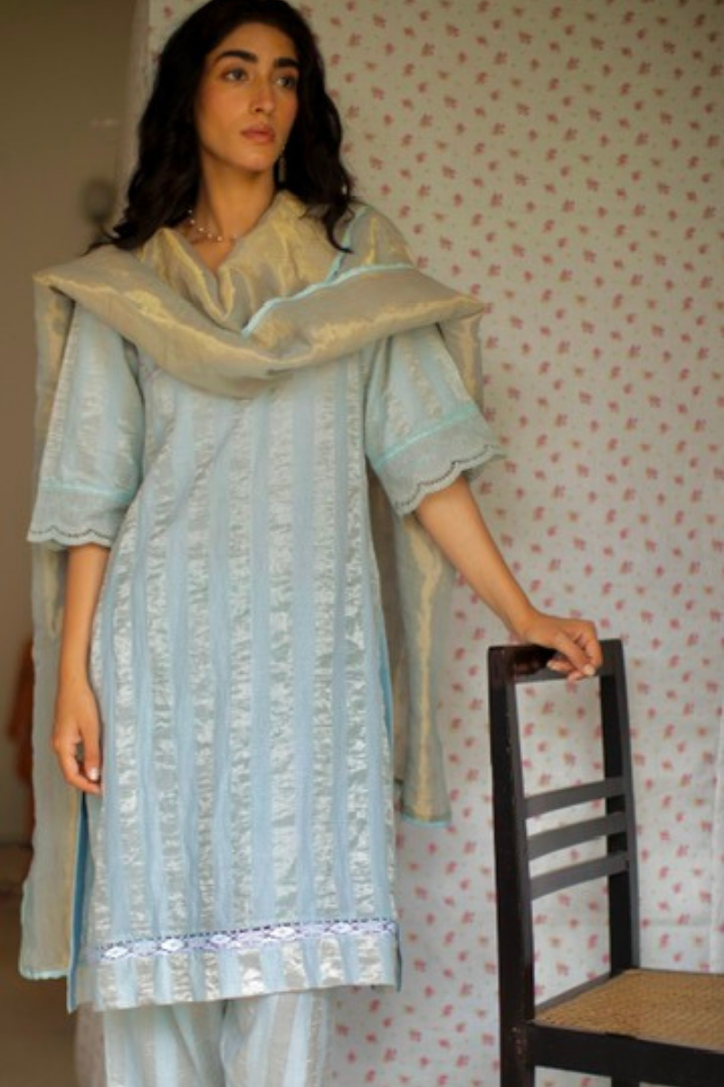 Maxi Kurta In Aqua Blue Handloom Zari Striped Chanderi With Salwar
