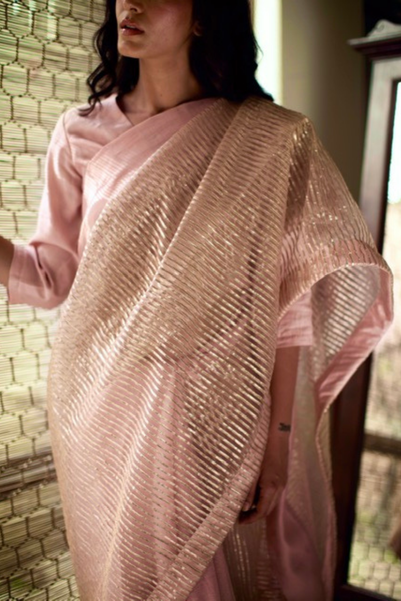 Sari In Shell Pink Gota Net With Chanderi