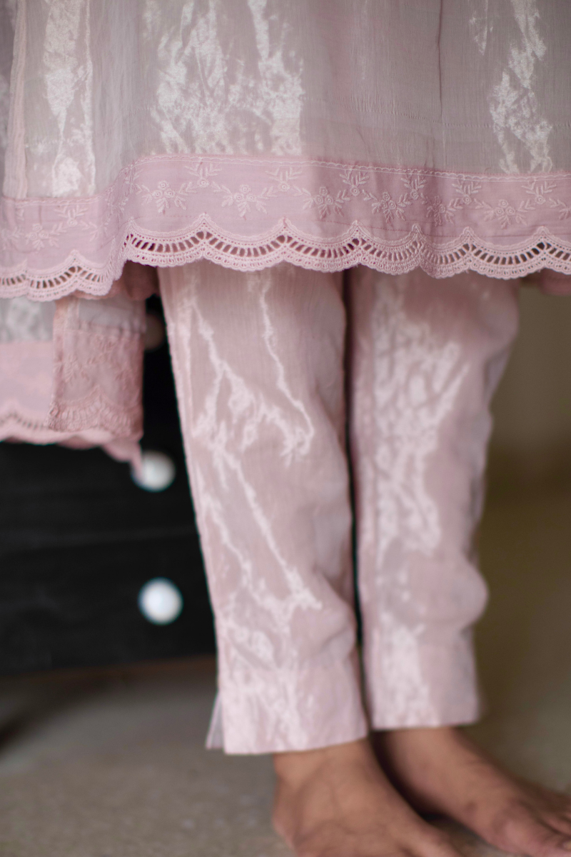 Maxi Kurta In Shell Pink Handloom Tissue With Pant