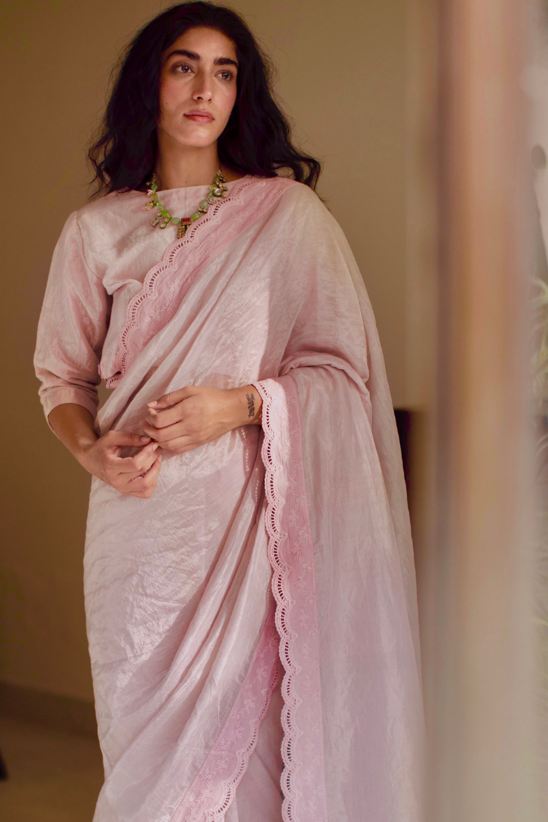 Sari In Shell Pink Handwoven Tissue