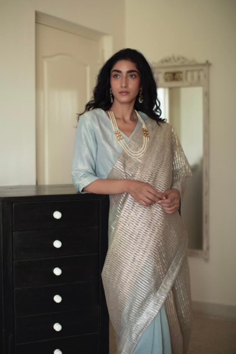 Sari In Aqua Blue Gota Net With Chanderi