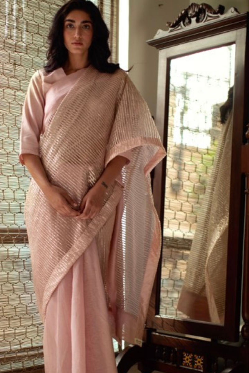 Sari In Shell Pink Gota Net With Chanderi
