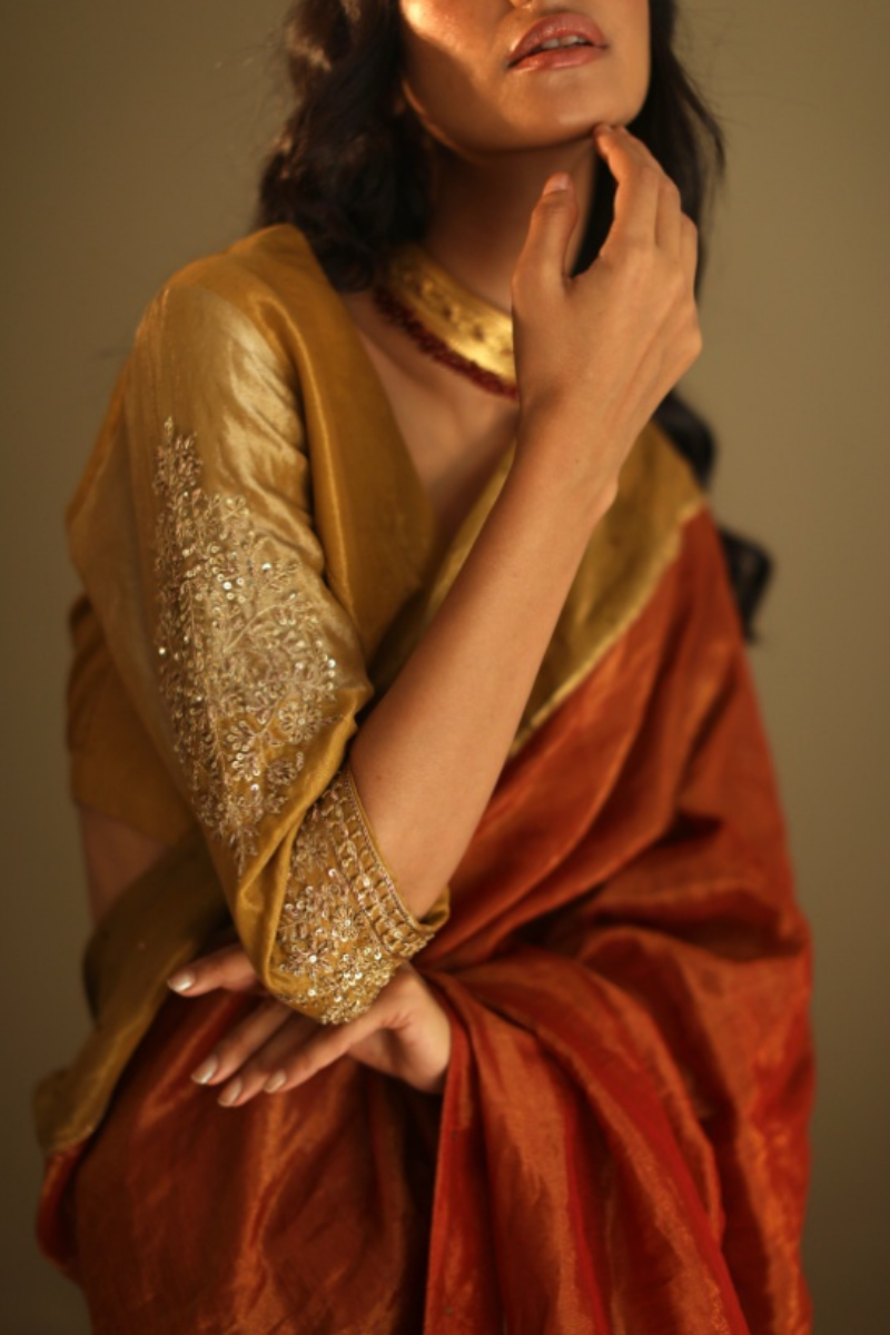 Semi Stitched Nina Blouse In Antique Gold Handloom Tissue