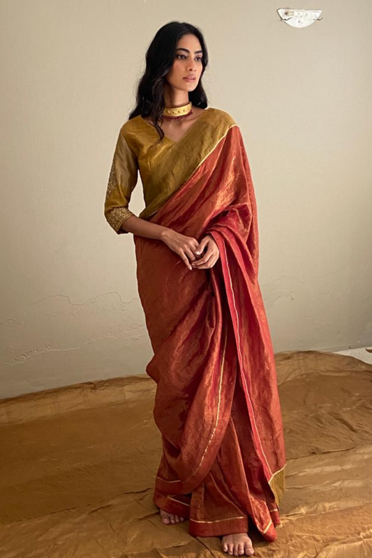 Sari In Deep Rust Red Handloom Tissue