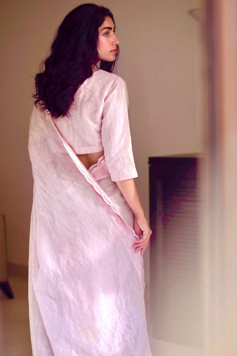 Sari In Shell Pink Handwoven Tissue