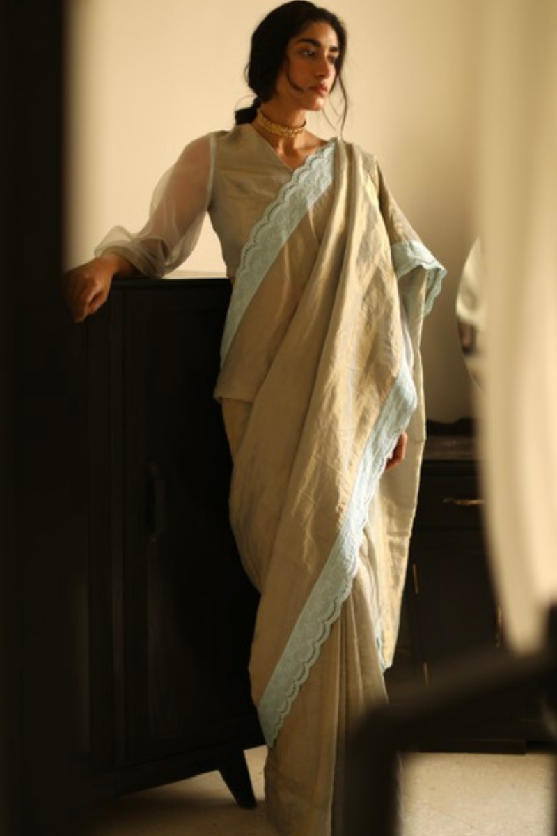 Sari In Pale Blue Gold Handwoven Tissue