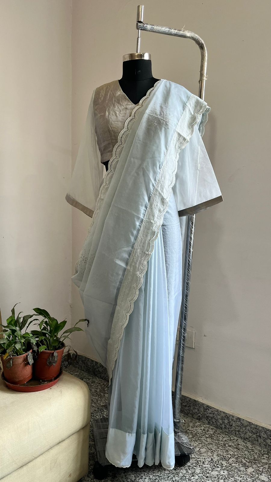 SARI IN ICE BLUE ORGANZA WITH EMBROIDERY
