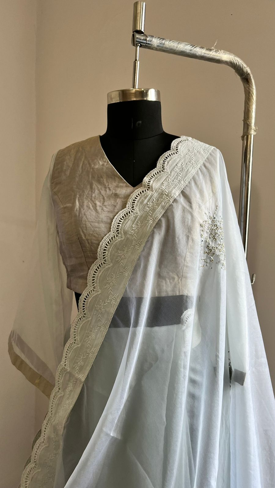 SARI IN ICE BLUE ORGANZA WITH EMBROIDERY