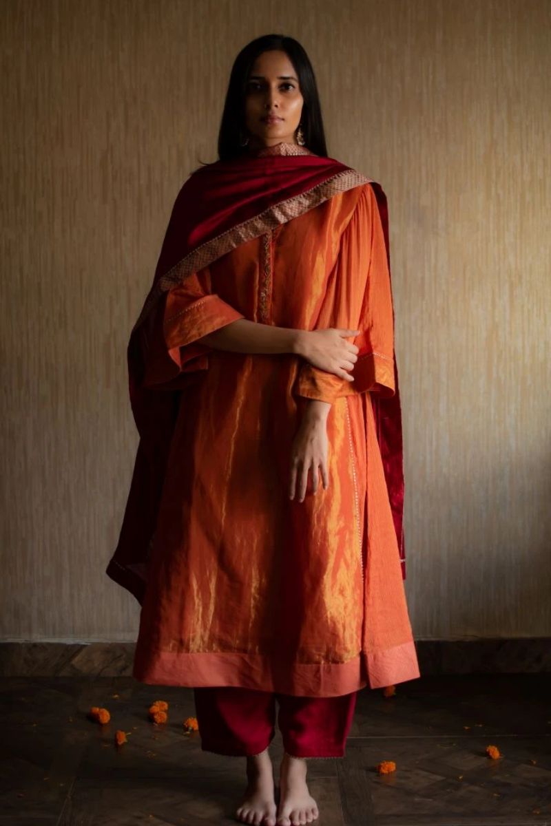 Maxi kurta in orange tissue with silk Shalwar