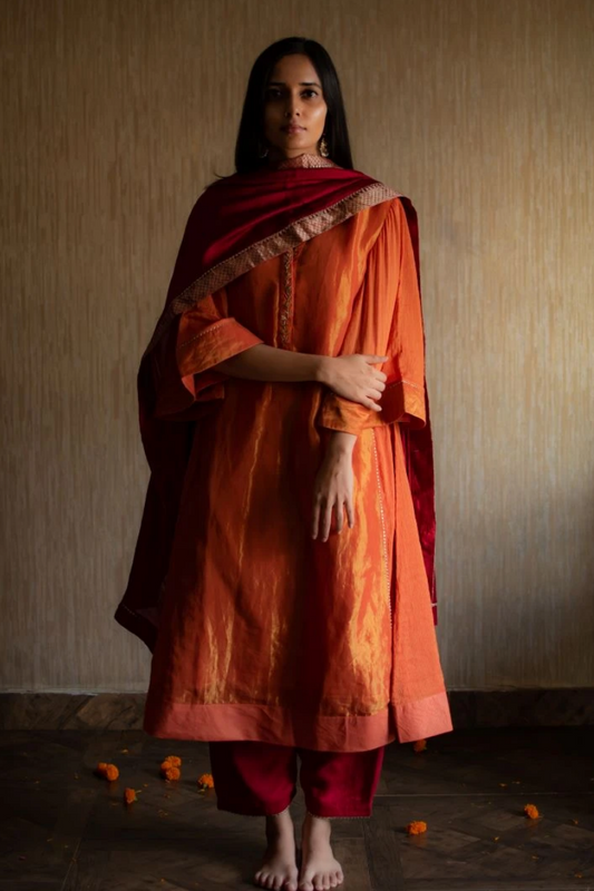 Maxi kurta in orange tissue with silk Shalwar