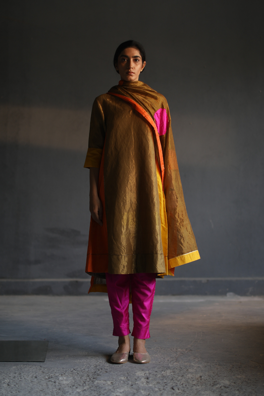 Fb Kurta In Antique Gold Handloom Tissue With Pant