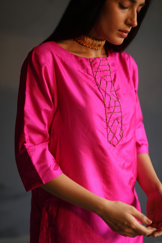 HK Kurta In Pure Pink Silk With Flared Sharara