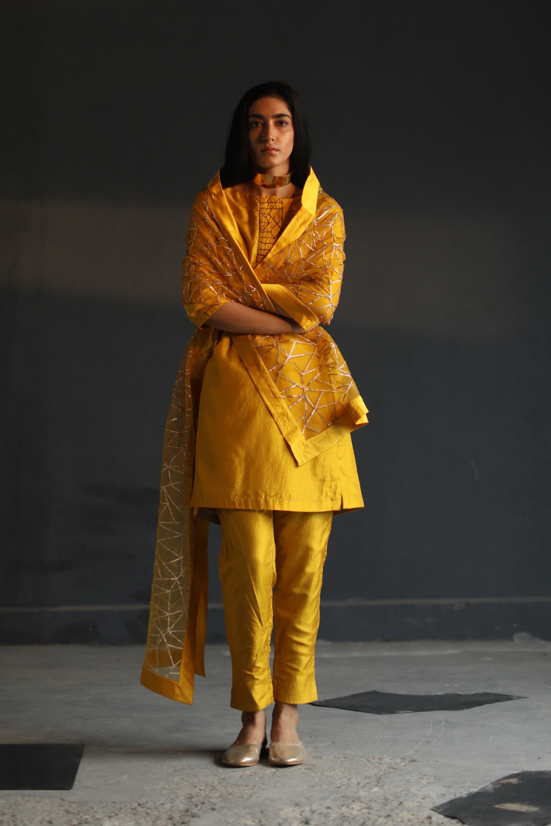 Hk Kurta In Yellow Motichoor Silk With Pant