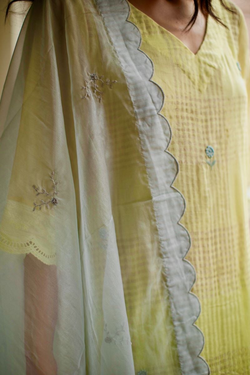 Kurta In Lemon Yellow Handloom Silver Zari Checks Paired With Salwar