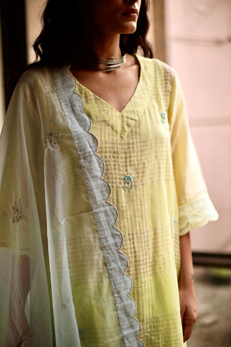 Kurta In Lemon Yellow Handloom Silver Zari Checks Paired With Salwar