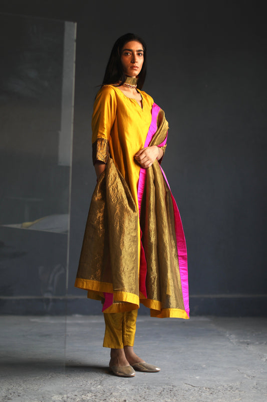 Maxi Kurta In Yellow Motichoor Pure Silk With Pant