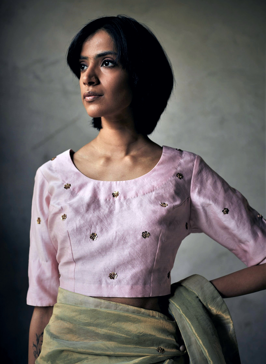 Round Neck Blouse In Baby Pink Chanderi With Embroidery