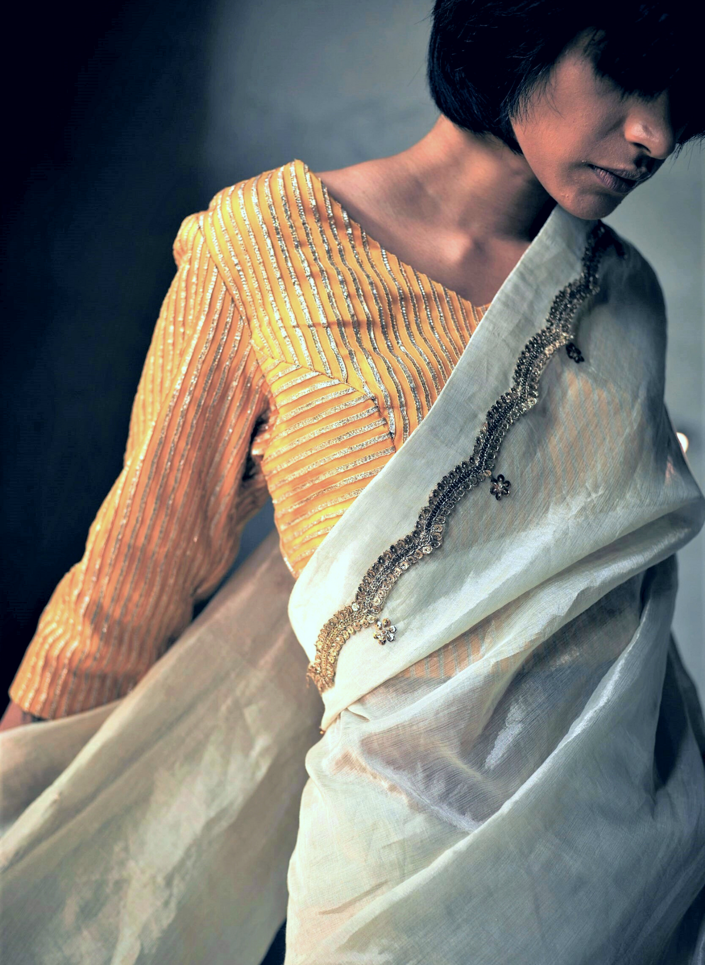 Sari In Ivory Silver Tissue With Scallop Lace