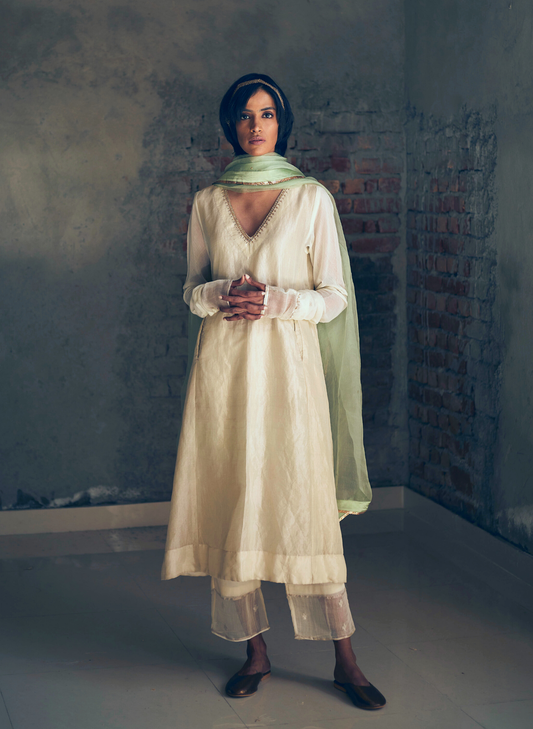 Maxi Kurta In Ivory Silver Tissue With Slightly Flared Pants