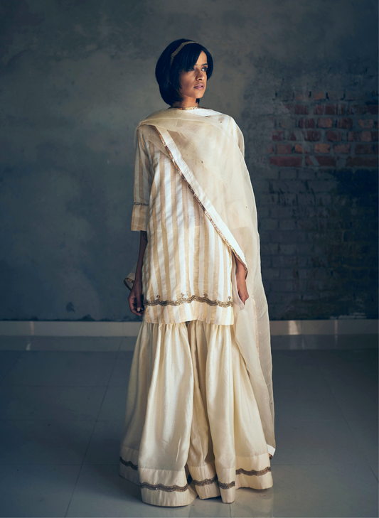 Mini Kurta In Ivory Tissue Stripes With Sharara