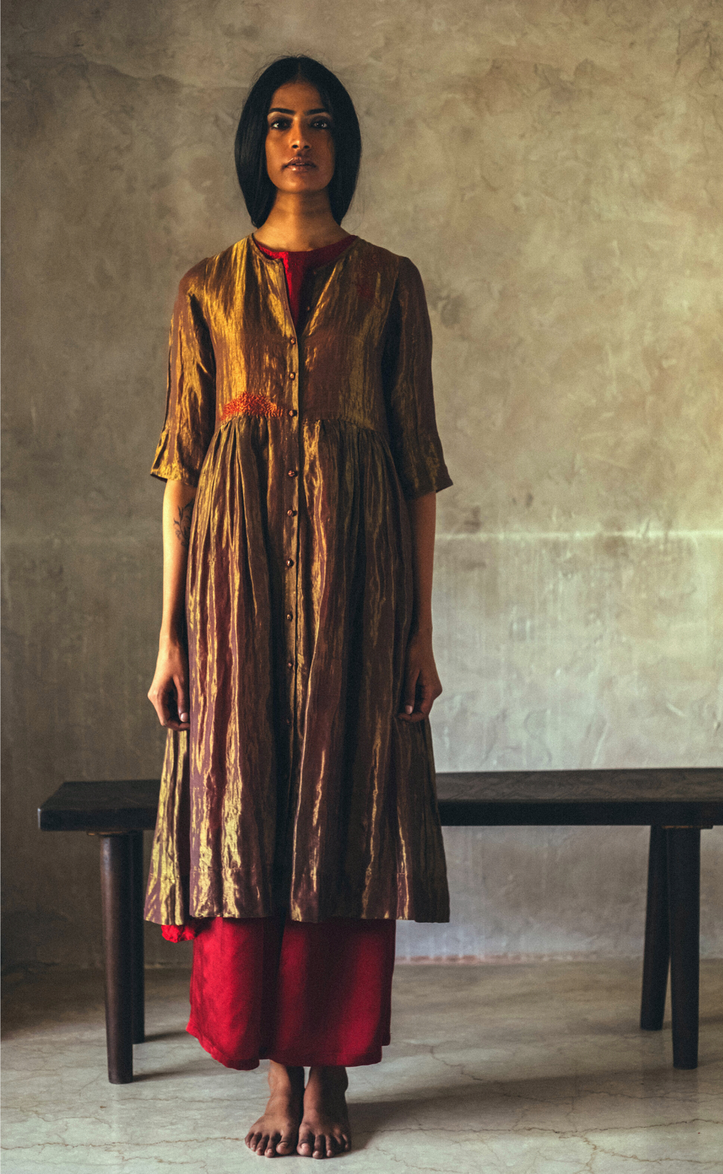 Anil Jacket In Antique Gold Handloom Tissue With satin silk Palazzos.