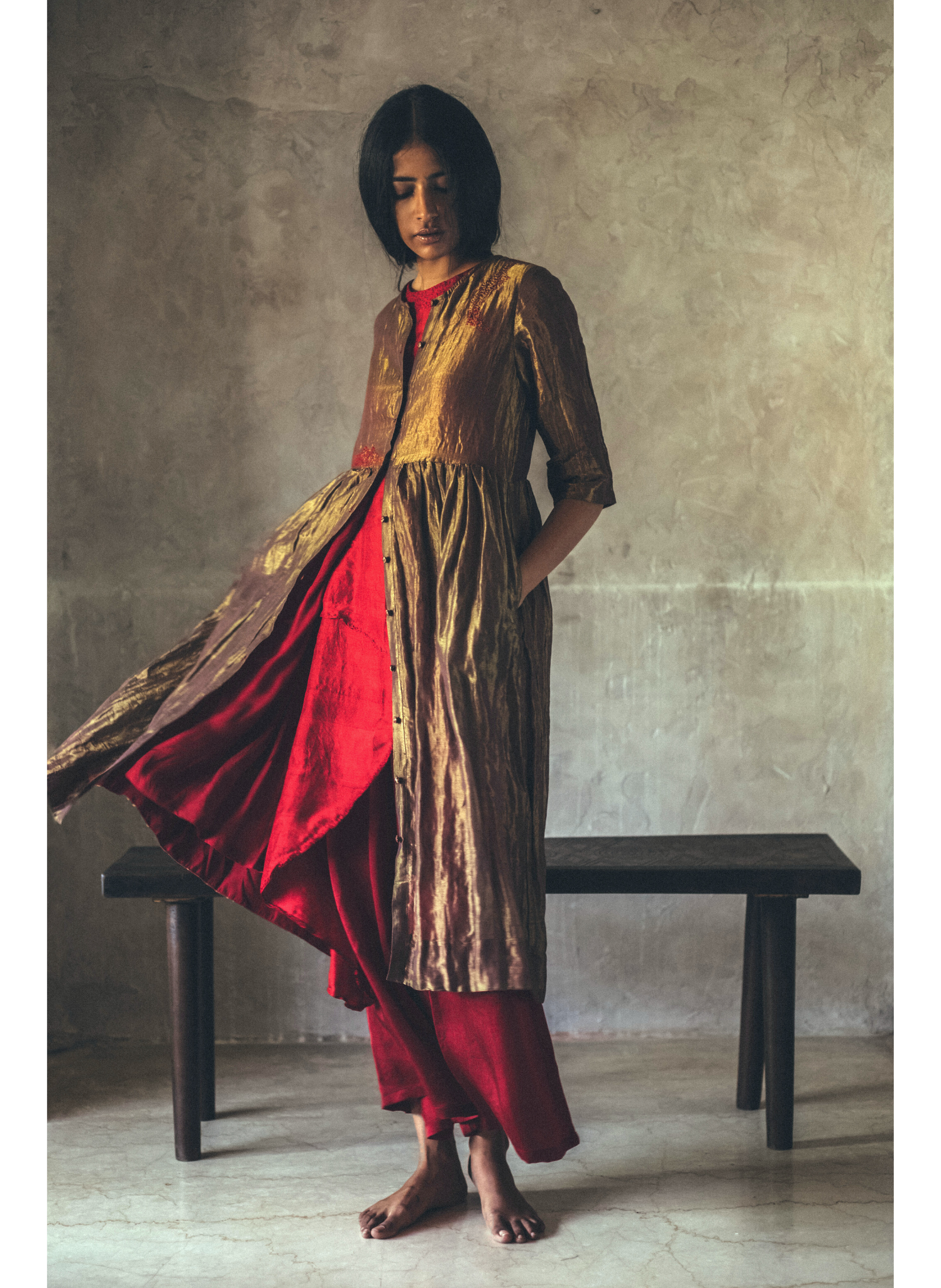 Anil Jacket In Antique Gold Handloom Tissue With satin silk Palazzos.