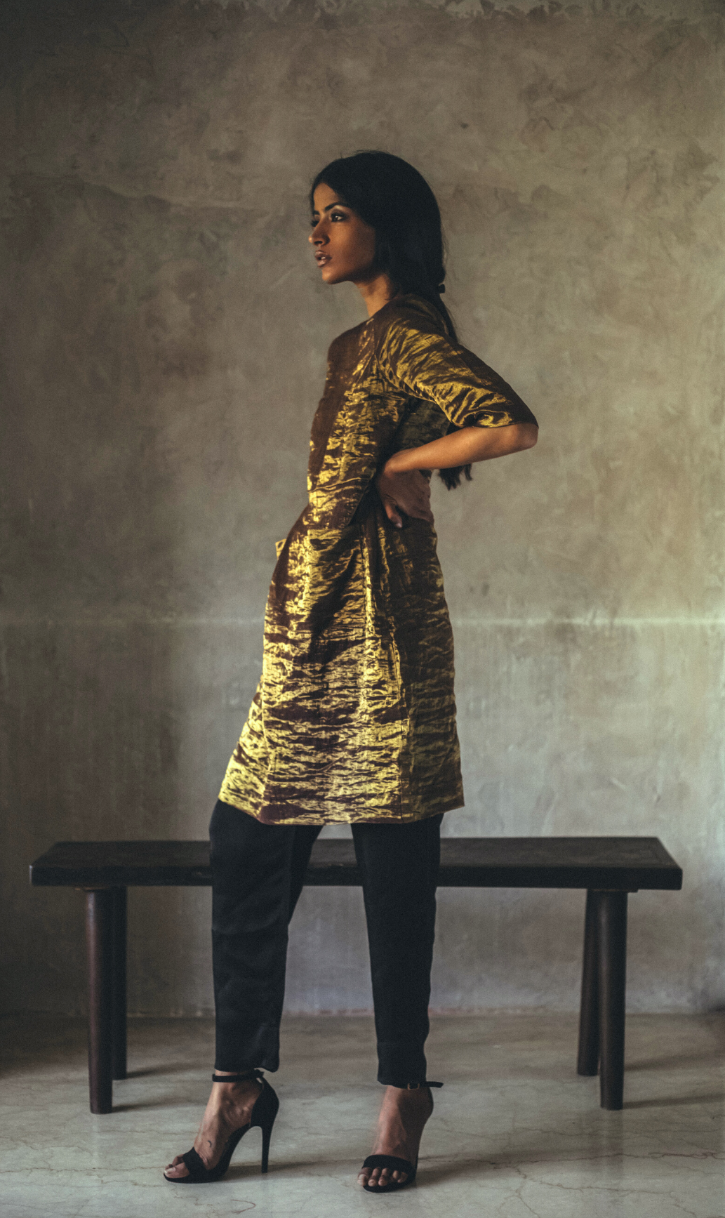 Coco Dress In Antique Gold Handwoven Tissue With Pants