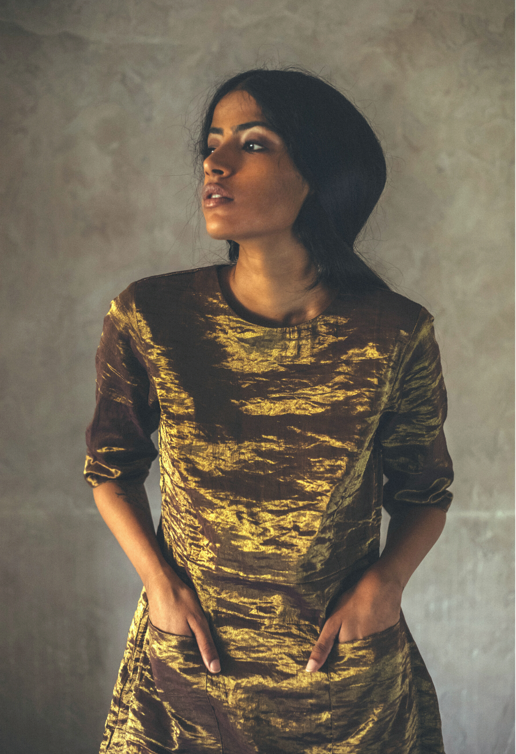 Coco Dress In Antique Gold Handwoven Tissue With Pants