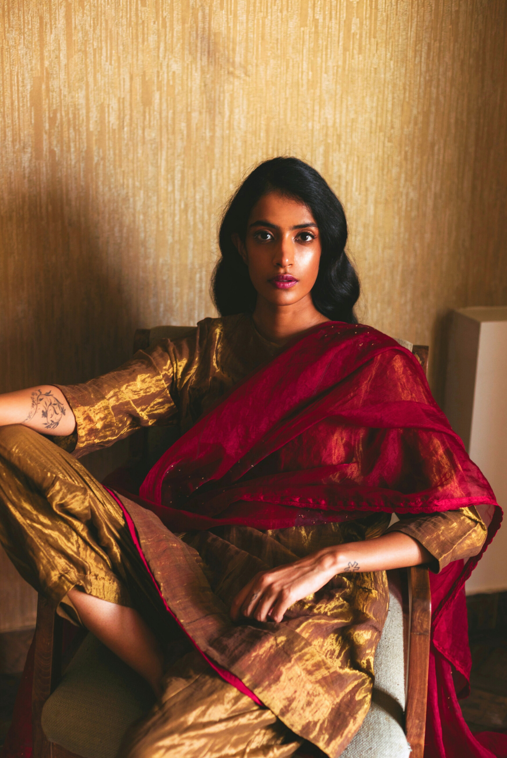 HK Tunic In Antique Gold Handwoven Tissue With Shalwar