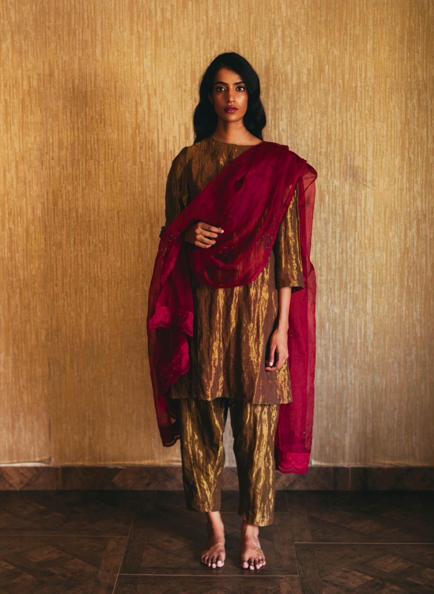 HK Tunic In Antique Gold Handwoven Tissue With Shalwar