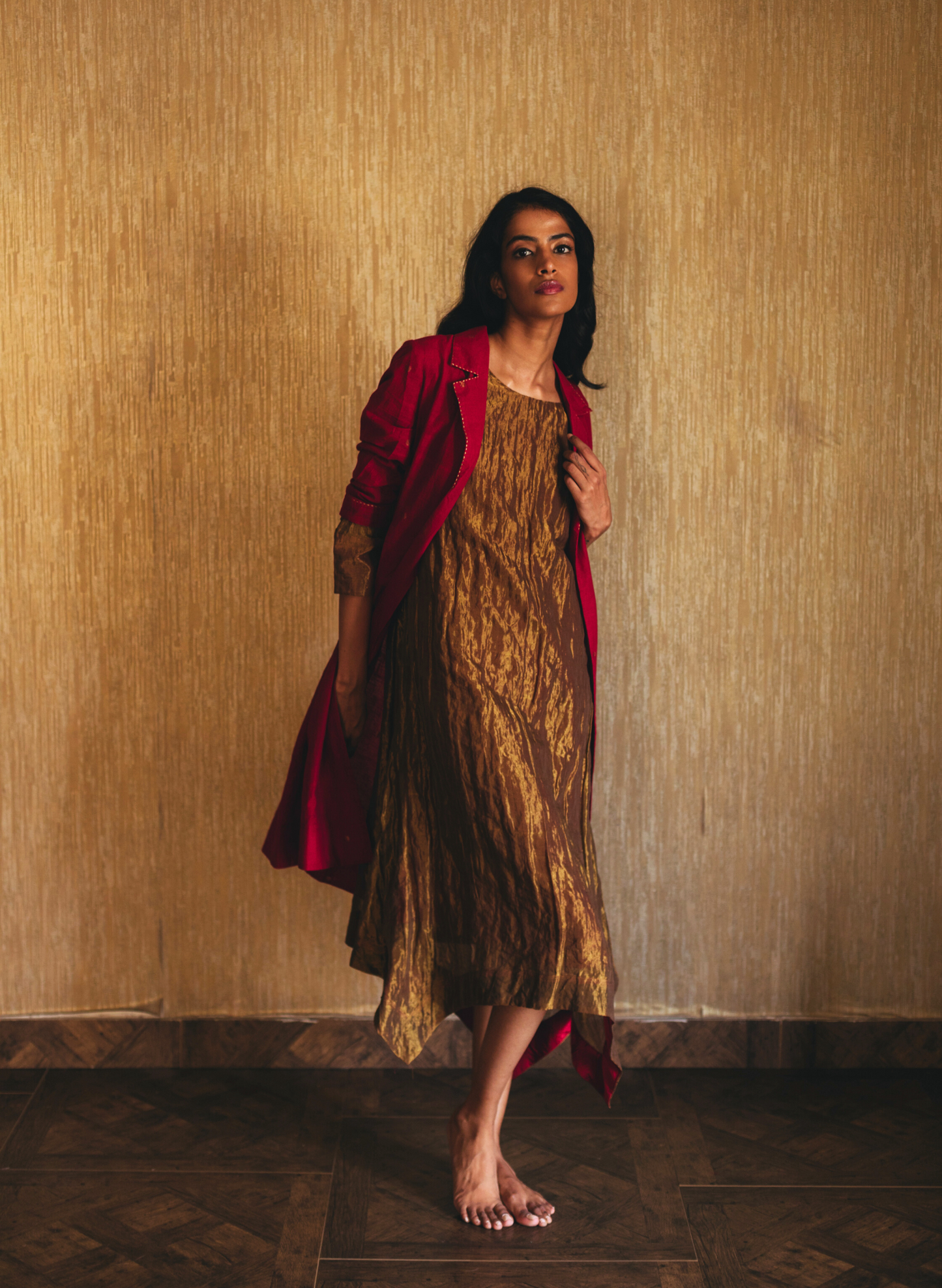 Asymmetric Dress In Antique Gold Handwoven Tissue