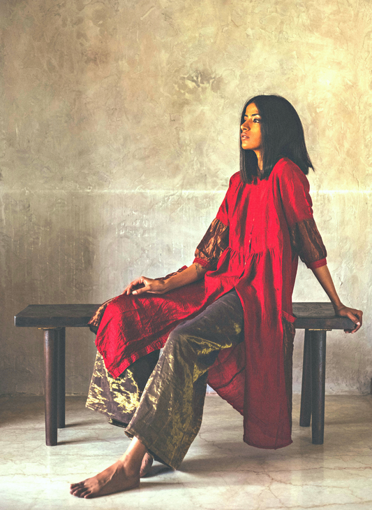 Shama Jacket In Pure Red Handwoven Silk With Palazzo
