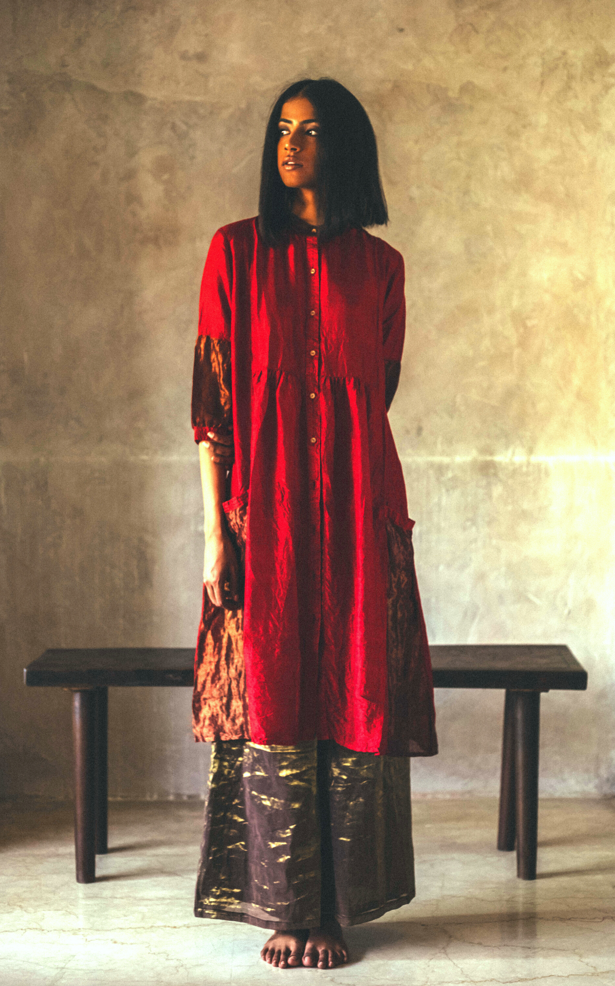 Shama Jacket In Pure Red Handwoven Silk With Palazzo