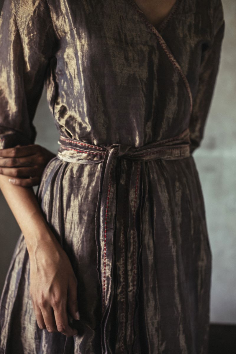 Kate Wrap Dress In Antique Gold Handwoven Tissue with Palazzos
