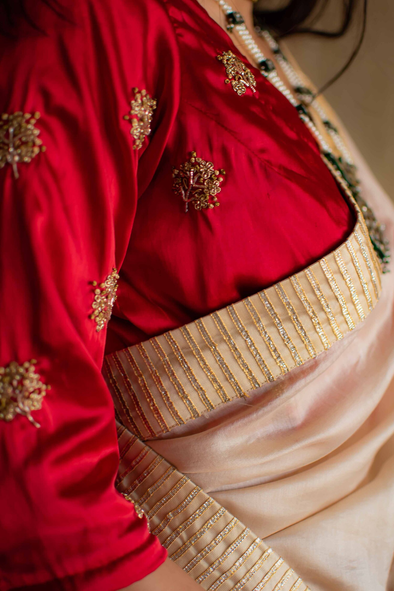 Blouse In Red Satin With Zardozi Flower Embroidery