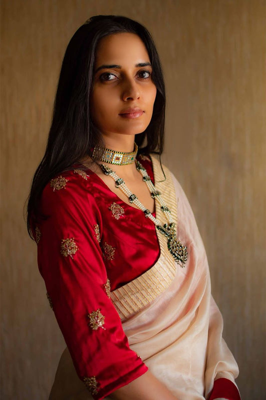 Blouse In Red Satin With Zardozi Flower Embroidery