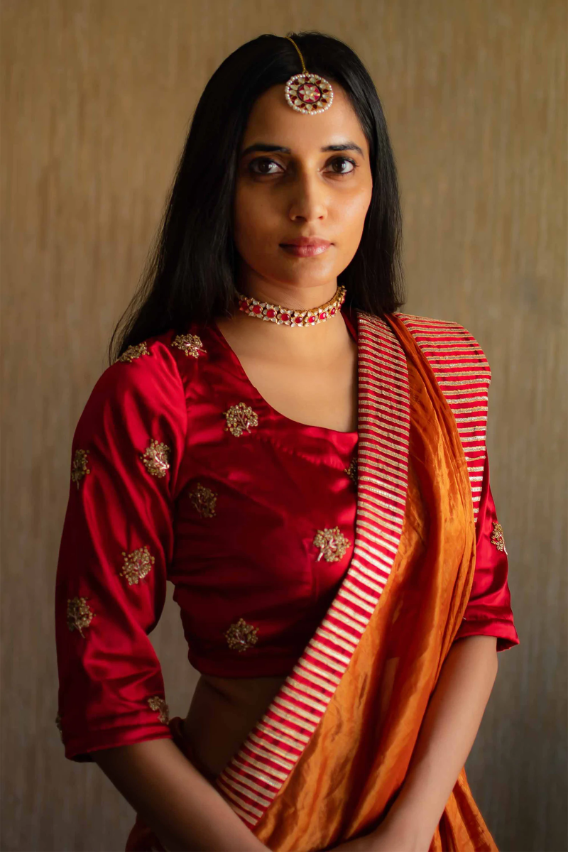 Blouse In Red Satin With Zardozi Flower Embroidery