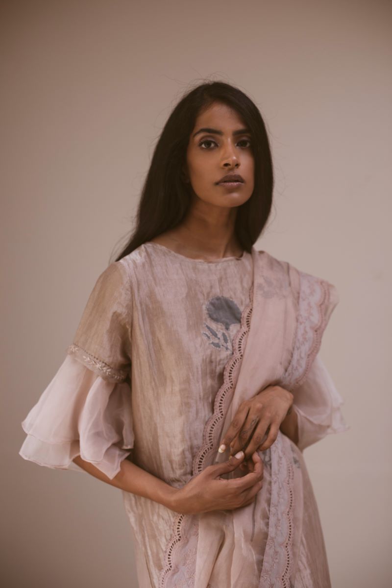 Blush handblock organza Saree