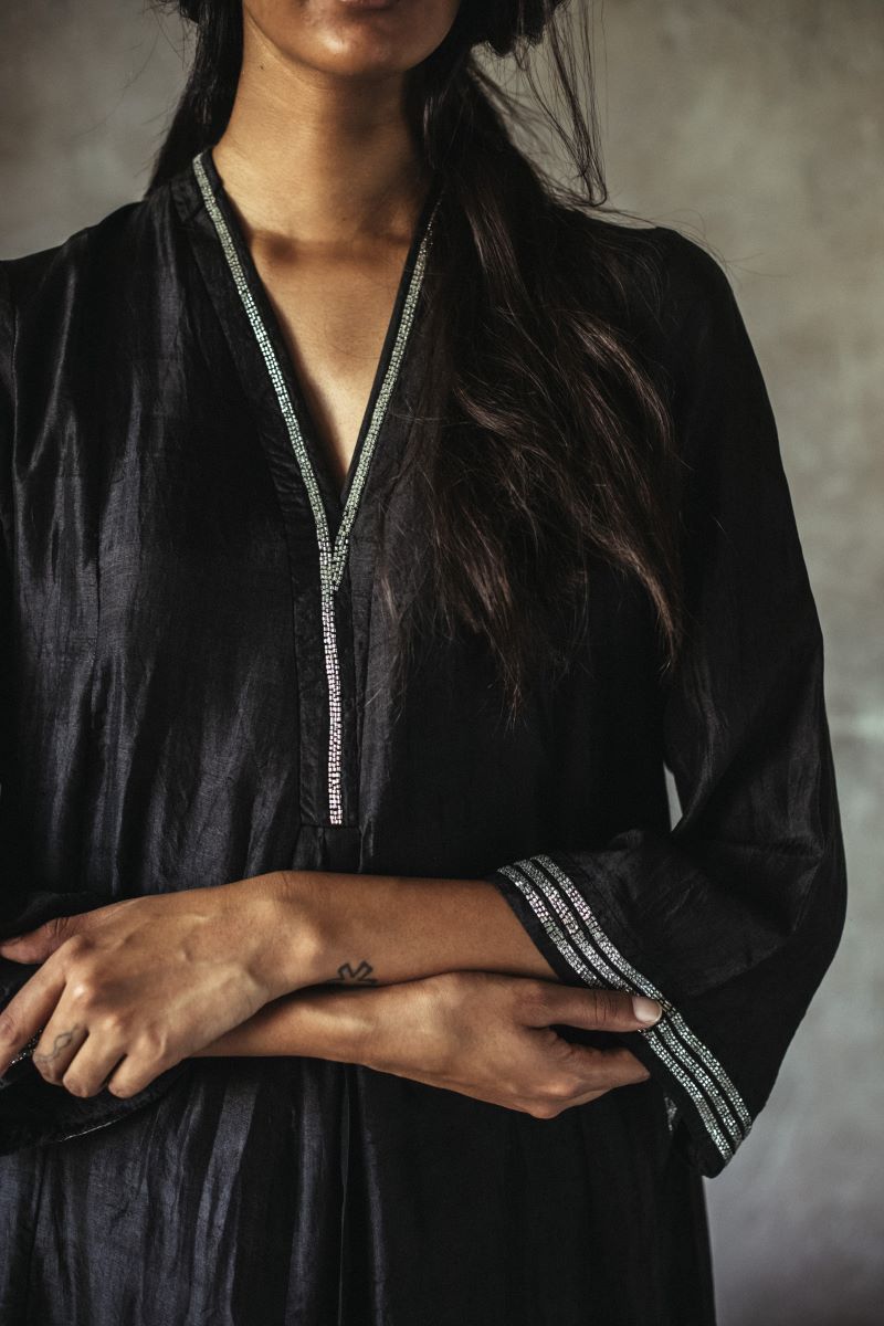 Shashiko Dress in Black Silk With Silver Tissue Palazzo