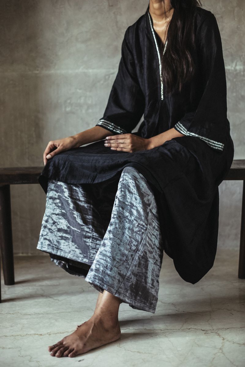 Shashiko Dress in Black Silk With Silver Tissue Palazzo